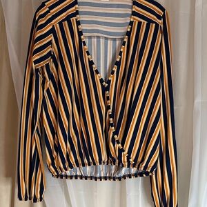 Navy and Yellow Striped V-Neck Blouse